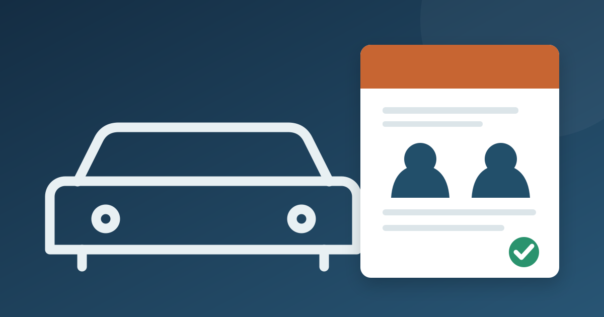 Car beside a policy card with two drivers and a checkmark