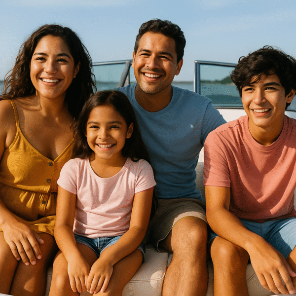 Family sitting together on a boat
