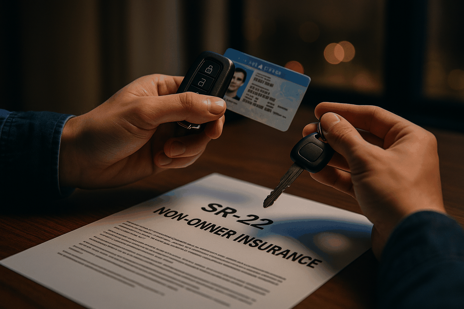 SR-22 non-owner insurance form with car keys and driver’s license, branded by Foxx Insurance