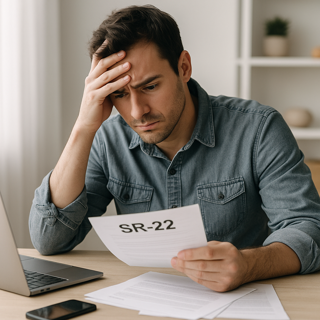 Frustrated driver reviewing SR-22 insurance paperwork