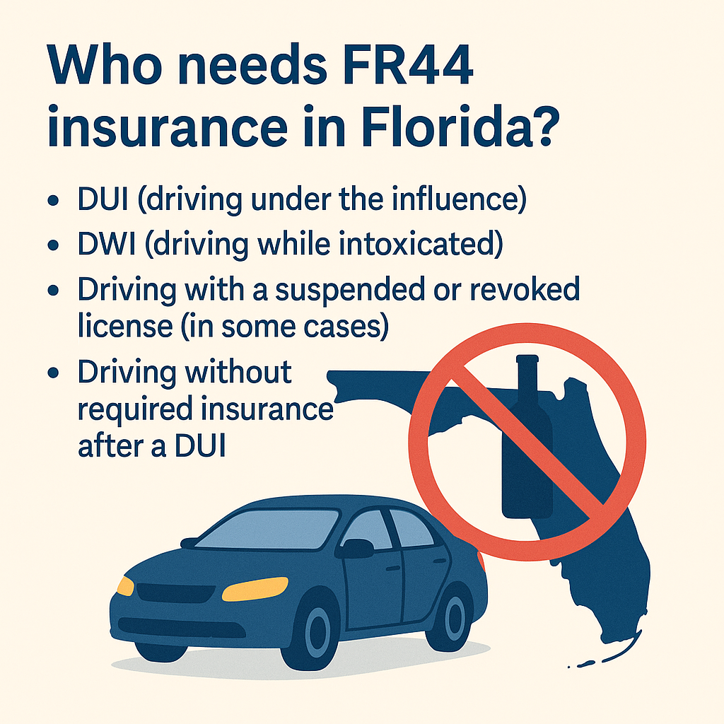Graphic listing who needs FR44 insurance in Florida, including DUI and suspended license cases, with an image of a car, the Florida map, and a red no-alcohol symbol