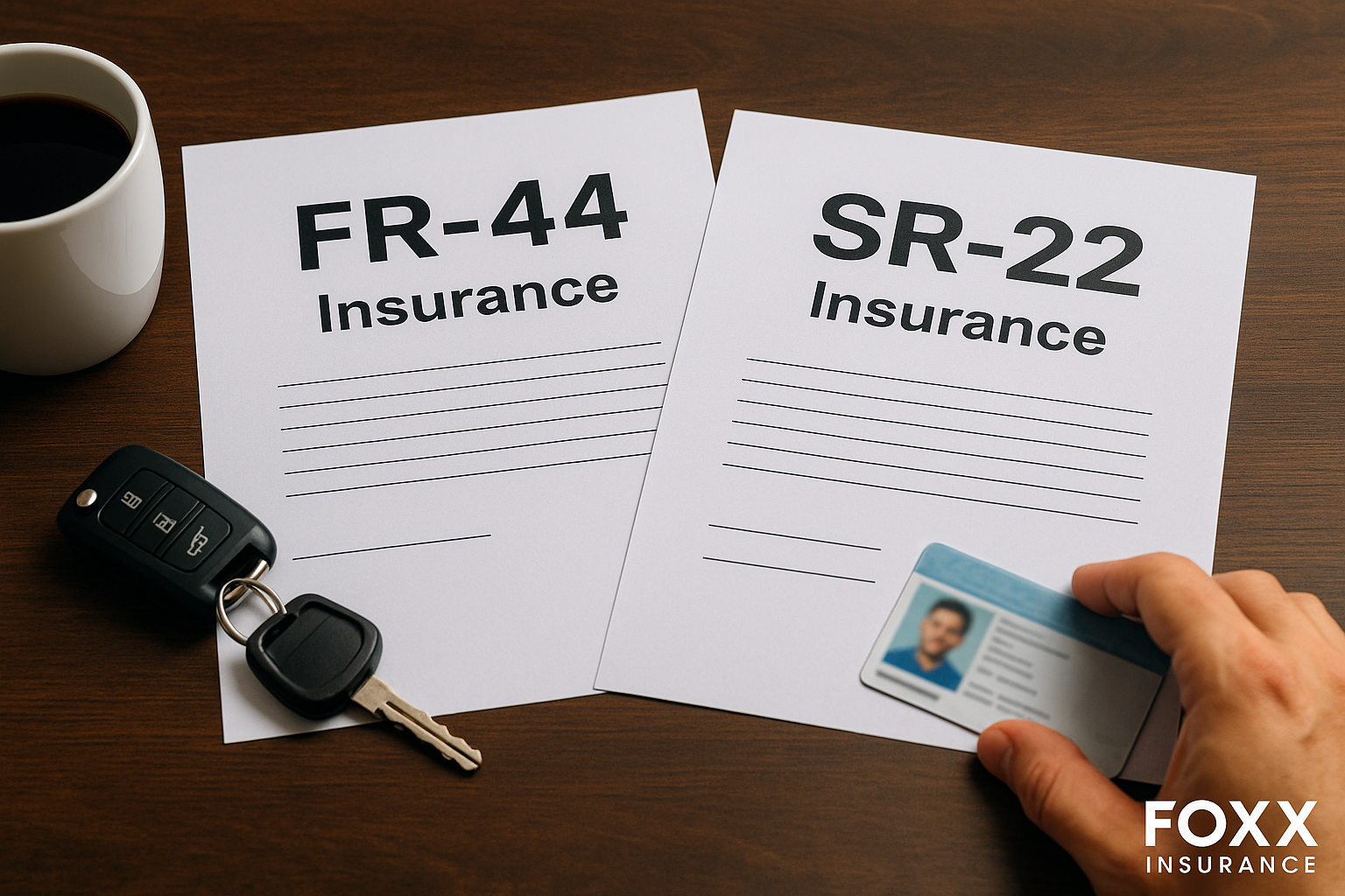 FR-44 and SR-22 insurance forms on desk with car keys, driver's license, and Foxx Insurance logo