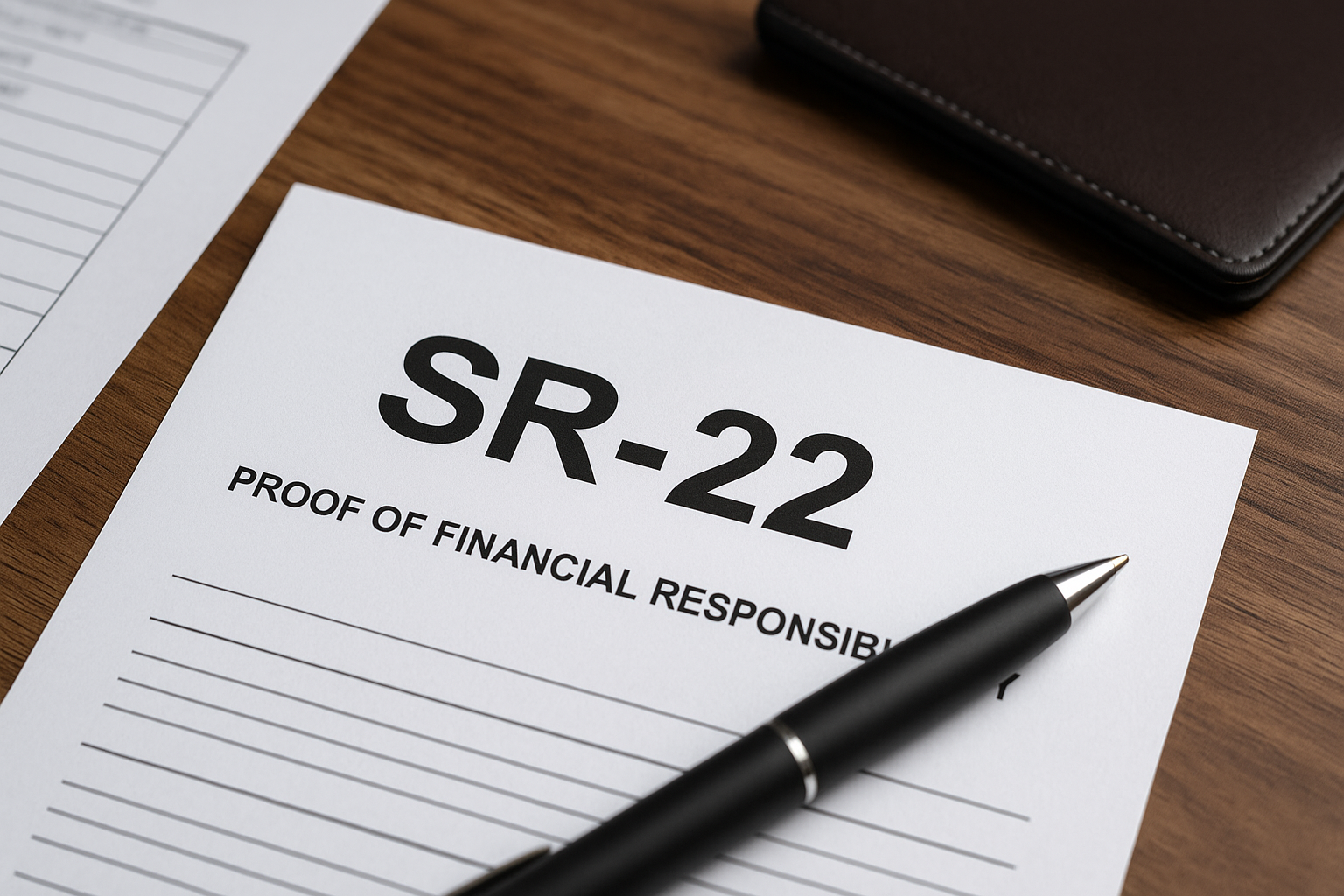 SR-22 insurance document with pen on desk, proof of financial responsibility form