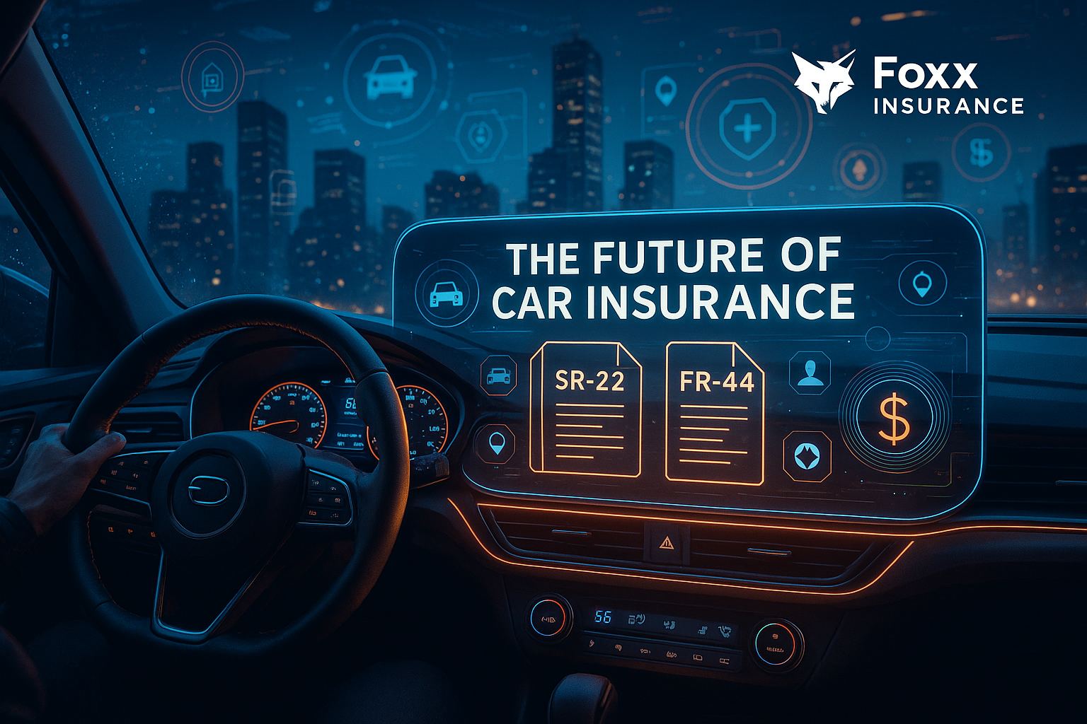 Futuristic car insurance concept with holographic SR-22 and FR-44 elements and Foxx Insurance branding