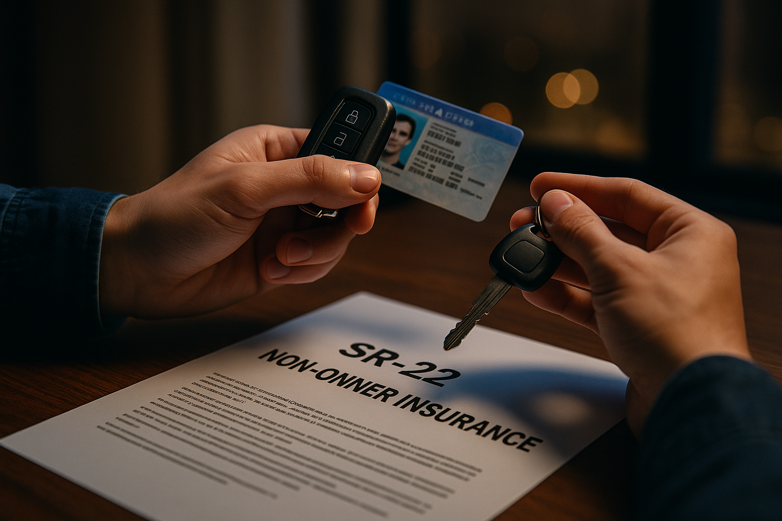 SR-22 non-owner insurance form with car keys and driver’s license, branded by Foxx Insurance